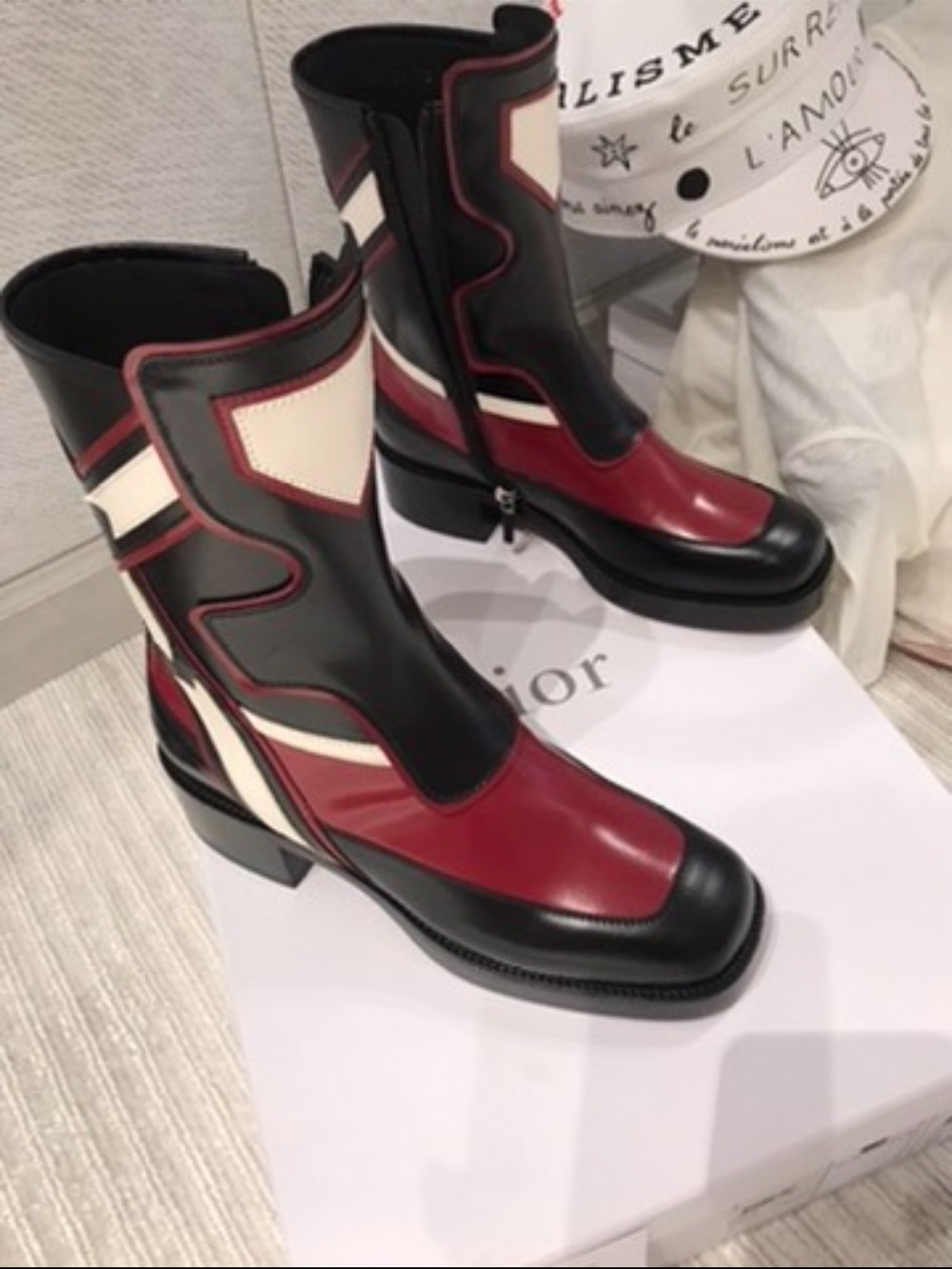 Christian Dior Leather Mid Calf Boots Black Burgundy Ivory Size 37 Rare Runway